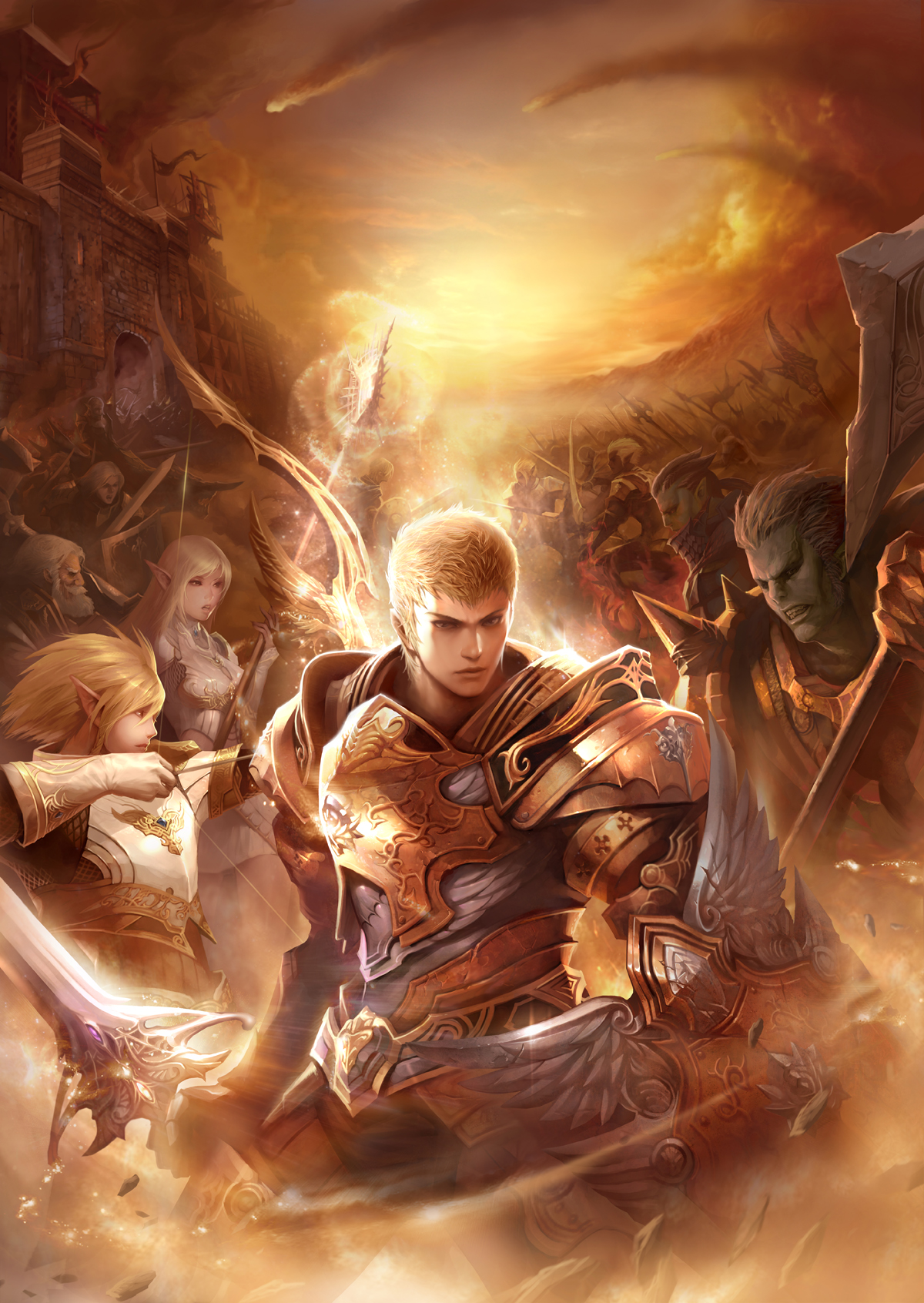 dark elf (lineage 2), dwarf (lineage 2), elf (lineage 2), human (lineage 2), orc (lineage 2), lineage, lineage 2, highres, 2girls, 6+boys, armor, battle, bow, elf, multiple boys, multiple girls, pointy ears, polearm, shield, spear, sunset, sword, weapon