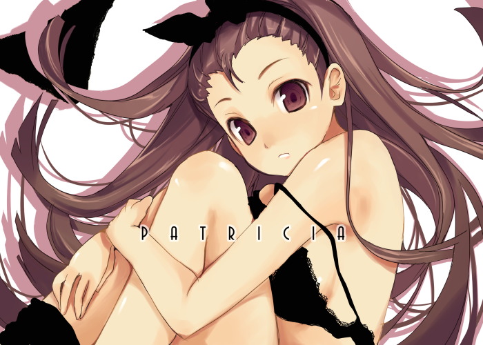 hamayumiba sou, minase iori, idolmaster, idolmaster (classic), idolmaster 1, bad id, bad pixiv id, 00s, 1girl, blush, bra, brown eyes, brown hair, female focus, hairband, hugging own legs, lingerie, long hair, lying, solo, strap slip, underwear