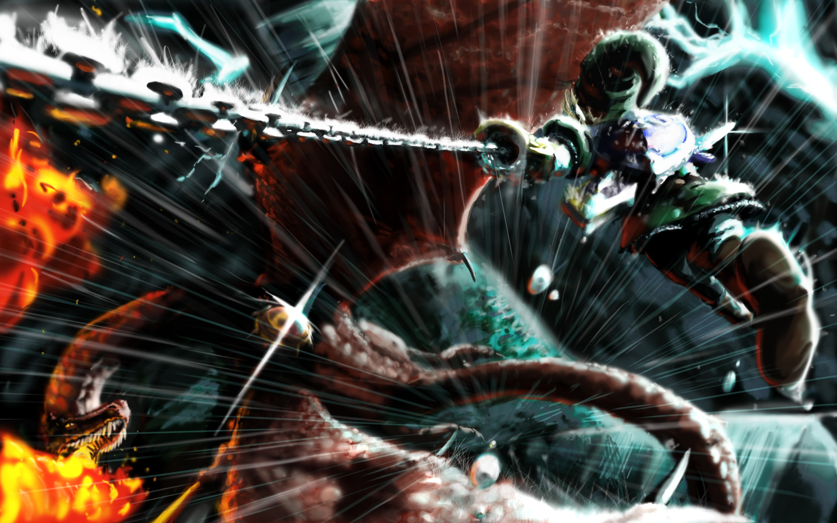 argorok, link, nintendo, the legend of zelda, the legend of zelda: twilight princess, highres, 1boy, battle, chain, dragon, epic, fire, grapnel, holding, holding sword, holding weapon, hookshot, hylian shield, male focus, master sword, rain, shield, sword, tail, weapon, wings