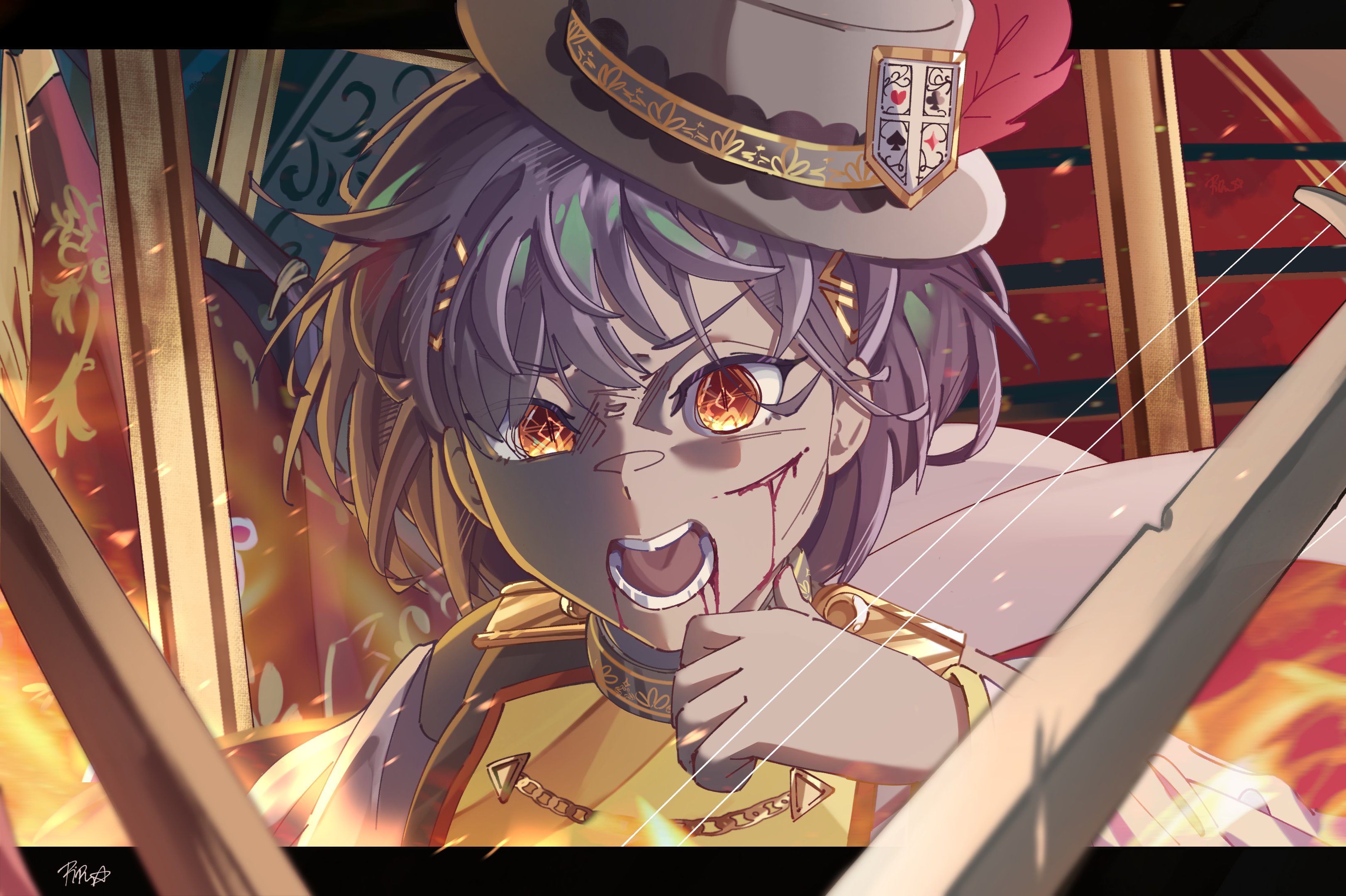 piririi, katsuragi izumi, link! like! love live!, love live!, absurdres, commentary, english commentary, highres, 1girl, bleeding, blood, blood from mouth, cuts, edelied, grey hair, grey hat, hair ornament, hat, injury, letterboxed, long hair, looking at viewer, official alternate costume, orange eyes, portrait, solo, triangle hair ornament, v-shaped eyebrows, virtual youtuber