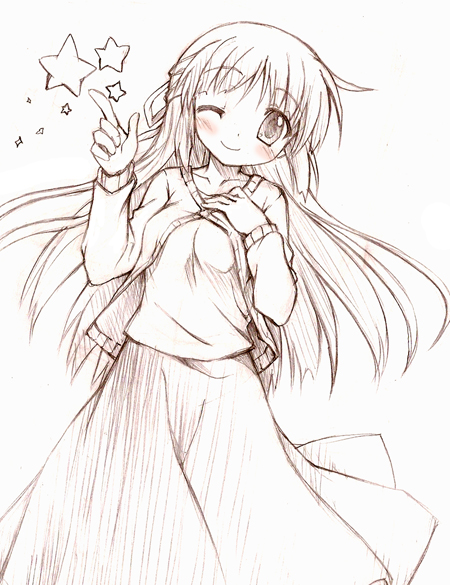 kusakami akira, yoshinoya (hidamari sketch), hidamari sketch, 00s, 1girl, blush, brown theme, female focus, monochrome, solo, spot color