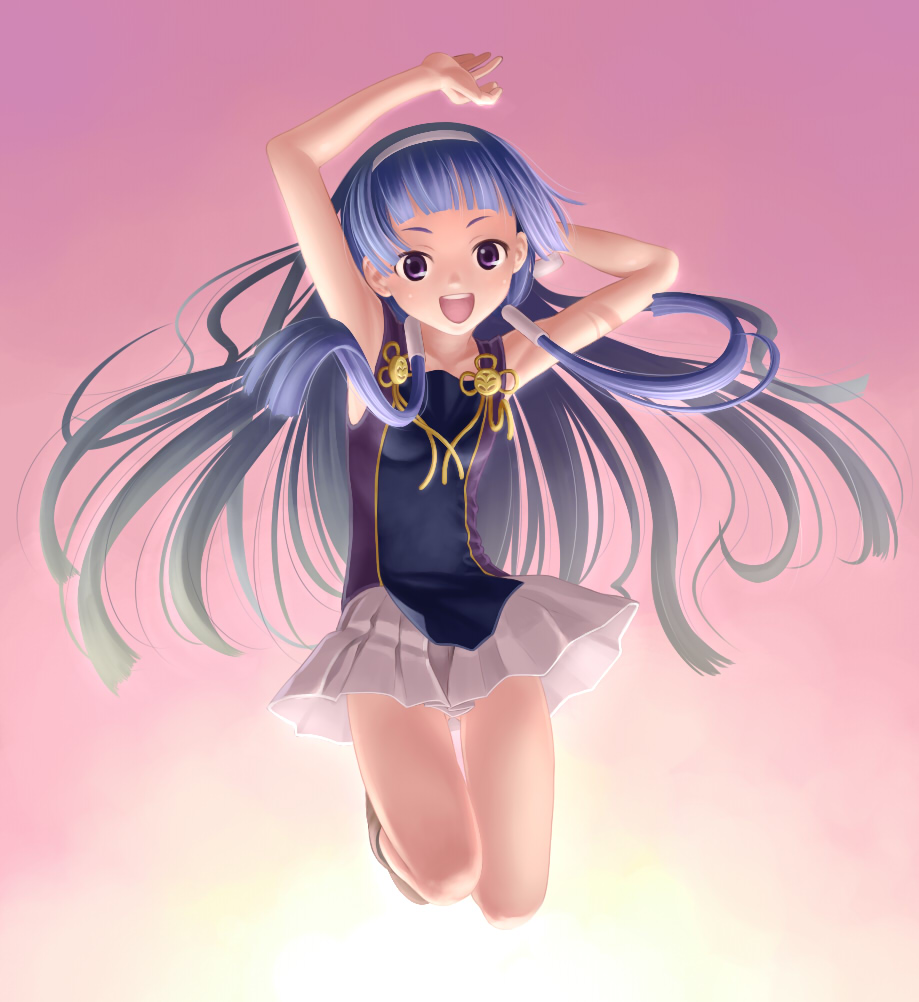 nekopuchi, nagi, kannagi, eyebrows, 00s, 1girl, :d, armpits, arms up, blue hair, blunt bangs, female focus, full body, gradient background, hair tubes, hairband, jumping, long hair, looking at viewer, open mouth, pink background, pleated skirt, purple eyes, skirt, smile, solo, white skirt