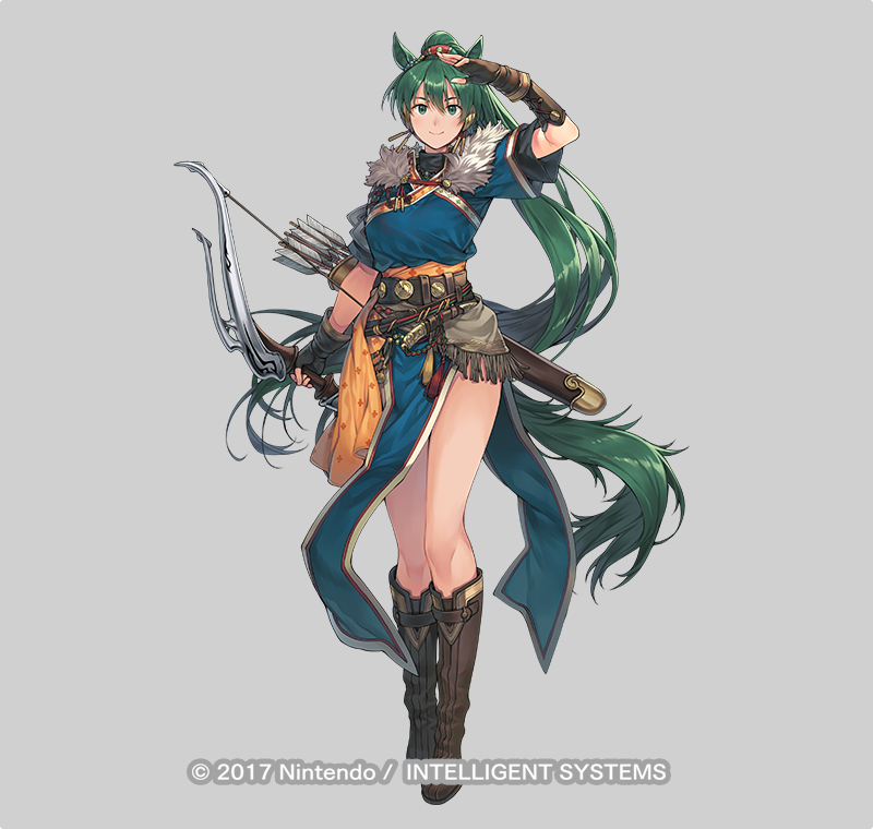 hagure keg, lyn (fire emblem), lyn (plains wind) (fire emblem), fire emblem, fire emblem: the blazing blade, fire emblem heroes, fire emblem shadows, nintendo, official art, 1girl, animal ears, arrow (projectile), blue dress, boots, bow (weapon), breasts, brown boots, closed mouth, dress, fingerless gloves, gloves, green eyes, green hair, hairband, high ponytail, horse ears, horse girl, long hair, looking at viewer, medium breasts, ponytail, quiver, red hairband, short sleeves, simple background, smile, solo, tail, very long hair, weapon