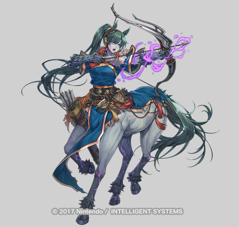 hagure keg, lyn (fire emblem), lyn (plains wind) (fire emblem), fire emblem, fire emblem: the blazing blade, fire emblem heroes, fire emblem shadows, nintendo, official art, 1girl, animal ears, arrow (projectile), attack, aura, blue dress, bow (weapon), breasts, centaur, dark aura, dark persona, dress, fighting stance, green hair, hairband, high ponytail, holding, holding arrow, holding bow (weapon), holding weapon, horse ears, horse tail, long hair, medium breasts, open mouth, ponytail, purple eyes, quiver, red hairband, short sleeves, simple background, solo, tail, taur, very long hair, weapon