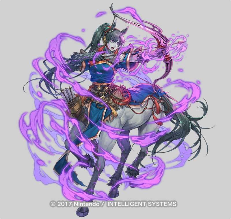hagure keg, lyn (fire emblem), lyn (plains wind) (fire emblem), fire emblem, fire emblem: the blazing blade, fire emblem heroes, fire emblem shadows, nintendo, official art, 1girl, animal ears, arrow (projectile), attack, aura, blue dress, bow (weapon), breasts, centaur, dark aura, dark persona, dress, fighting stance, green hair, hairband, high ponytail, holding, holding arrow, holding bow (weapon), holding weapon, horse ears, horse tail, long hair, medium breasts, open mouth, ponytail, purple eyes, quiver, red hairband, short sleeves, simple background, solo, tail, taur, very long hair, weapon