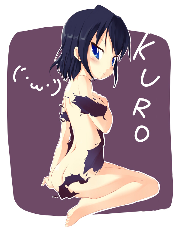 kuro (be ok), original, 1girl, ass, barefoot, black hair, blue eyes, blush, covering privates, feet, female focus, kneeling, short hair, solo, torn clothes