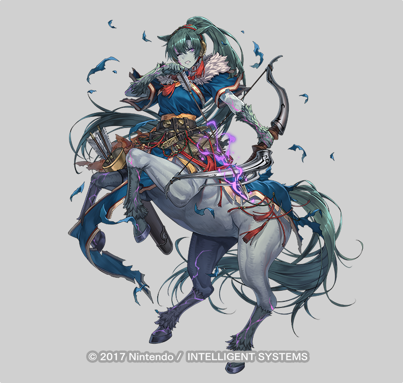 hagure keg, lyn (fire emblem), lyn (plains wind) (fire emblem), fire emblem, fire emblem: the blazing blade, fire emblem heroes, fire emblem shadows, nintendo, official art, 1girl, animal ears, arrow (projectile), aura, battle damage, blue dress, bow (weapon), breasts, centaur, damaged, dark aura, dark persona, dress, green hair, hairband, high ponytail, holding, holding arrow, holding bow (weapon), holding weapon, horse ears, horse tail, long hair, medium breasts, open mouth, ponytail, purple eyes, quiver, red hairband, short sleeves, simple background, solo, tail, taur, torn clothes, very long hair, weapon