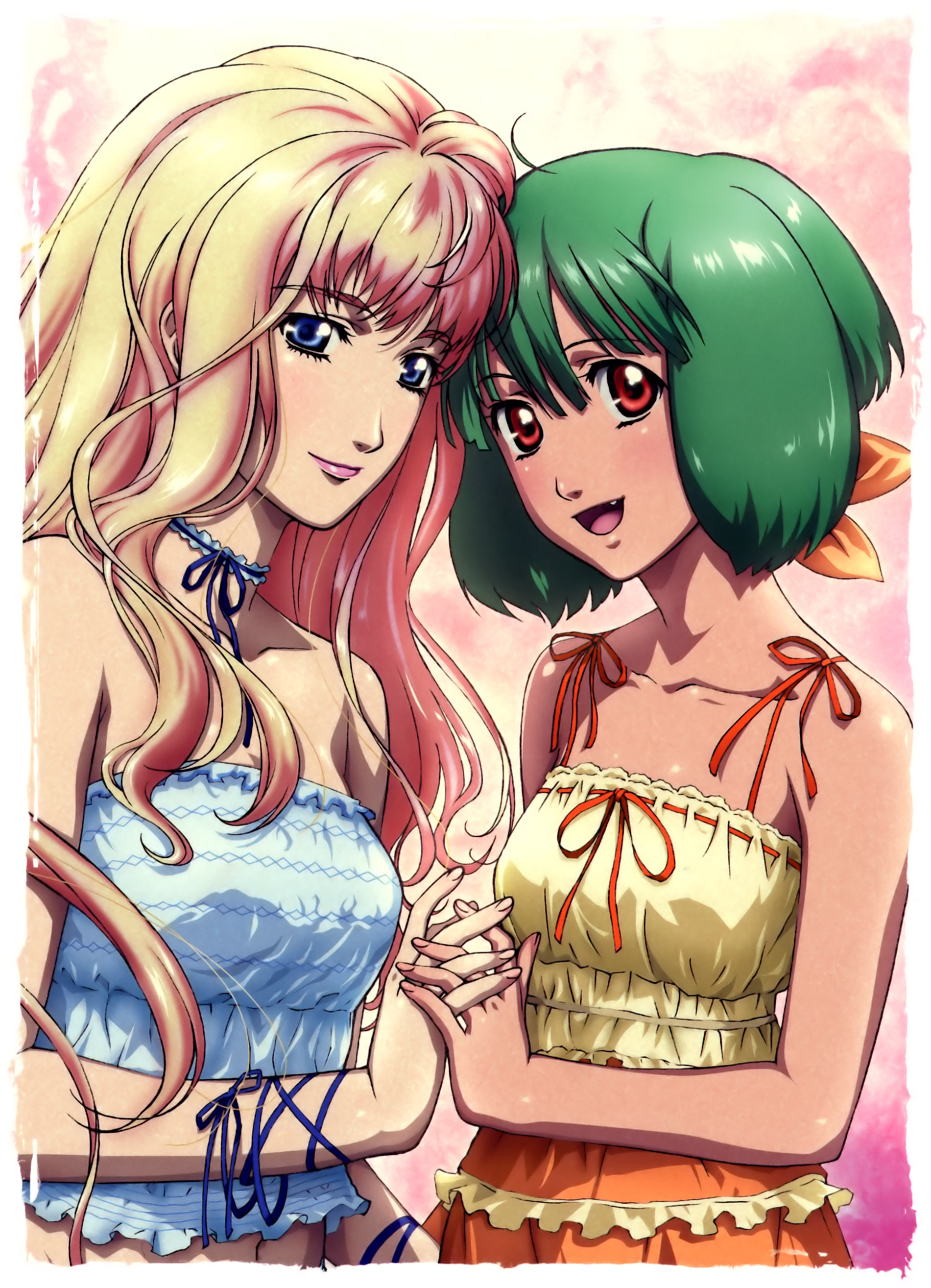 marufuji hirotaka, ranka lee, sheryl nome, macross, macross frontier, absurdres, highres, official art, scan, 00s, 2girls, :d, ahoge, bare shoulders, blonde hair, blue eyes, choker, fang, green hair, holding hands, interlocked fingers, long hair, multiple girls, navel, open mouth, red eyes, ribbon, short hair, smile, wrist ribbon, yuri