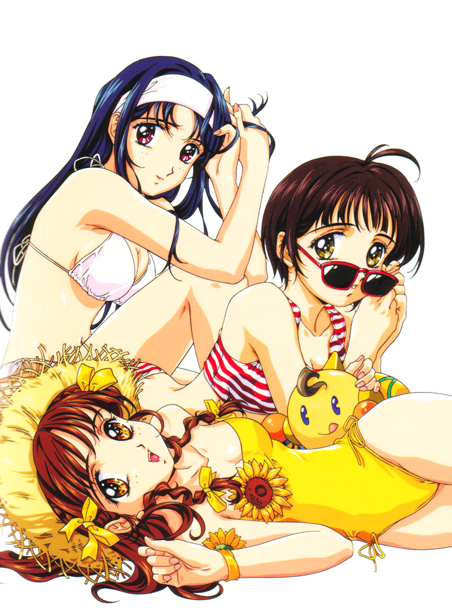 highres, 3girls, :d, :q, adjusting eyewear, adjusting hair, antenna hair, bare shoulders, bikini, black hair, blue hair, blush, braid, breasts, brown hair, casual one-piece swimsuit, cleavage, fingernails, flat chest, flower, hair ribbon, hairband, hat, long fingernails, long hair, looking at viewer, looking over eyewear, lying, medium breasts, multiple girls, nail polish, on back, on stomach, one-piece swimsuit, open mouth, orange eyes, pink nails, red eyes, ribbon, short hair, side braid, simple background, sitting, smile, straw hat, striped bikini, striped clothes, sunflower, sunglasses, swimsuit, tankini, tongue, tongue out, twin braids, white background, white bikini, wristband, yellow eyes, yellow one-piece swimsuit