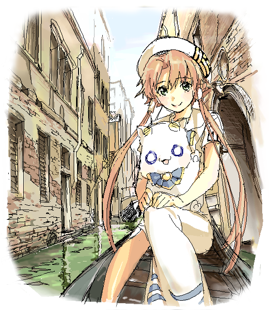 hakuto (artist), hiro (dismaless), aria pokoteng, mizunashi akari, aria (manga), 00s, 1girl, animal, beret, blouse, brown eyes, brown hair, cat, dress, female focus, hat, long hair, looking at viewer, oekaki, river, shirt, short hair with long locks, short sleeves, sitting, smile, solo, twintails, venice, very long hair, water, white dress, white shirt