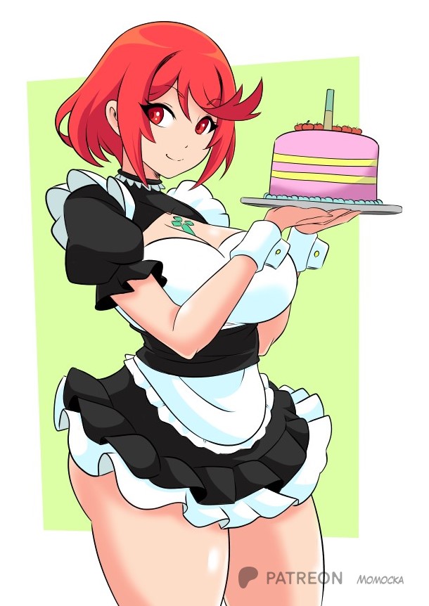 momocka-art, pyra (xenoblade), nintendo, xenoblade chronicles (series), xenoblade chronicles 2, 1girl, apron, black dress, breasts, cake, cherry, cleavage, core crystal (xenoblade), dress, food, fruit, green background, holding, holding tray, large breasts, looking at viewer, maid, maid apron, puffy sleeves, red eyes, red hair, short hair, short sleeves, smile, standing, thick thighs, thighs, tray, waitress, white apron, wrist cuffs