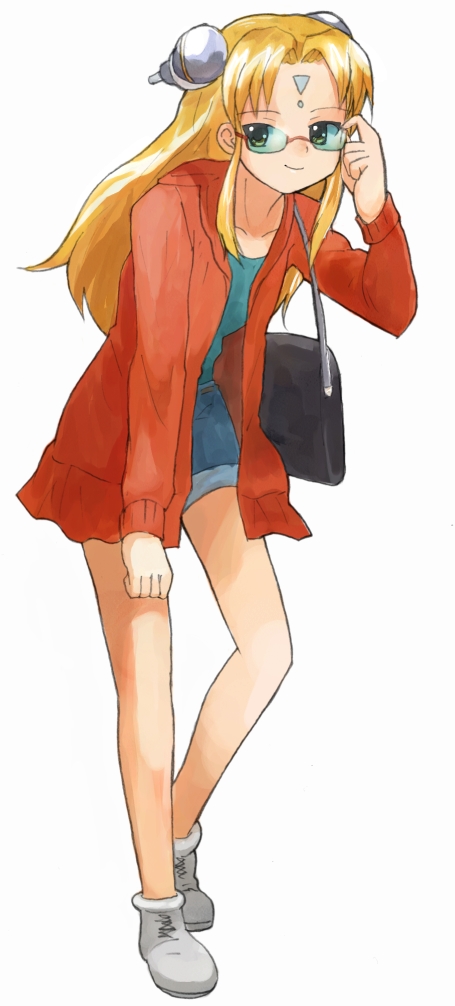 nyama, ranpha franboise, galaxy angel, bad id, bad pixiv id, 00s, 1girl, blonde hair, female focus, full body, glasses, long hair, simple background, solo