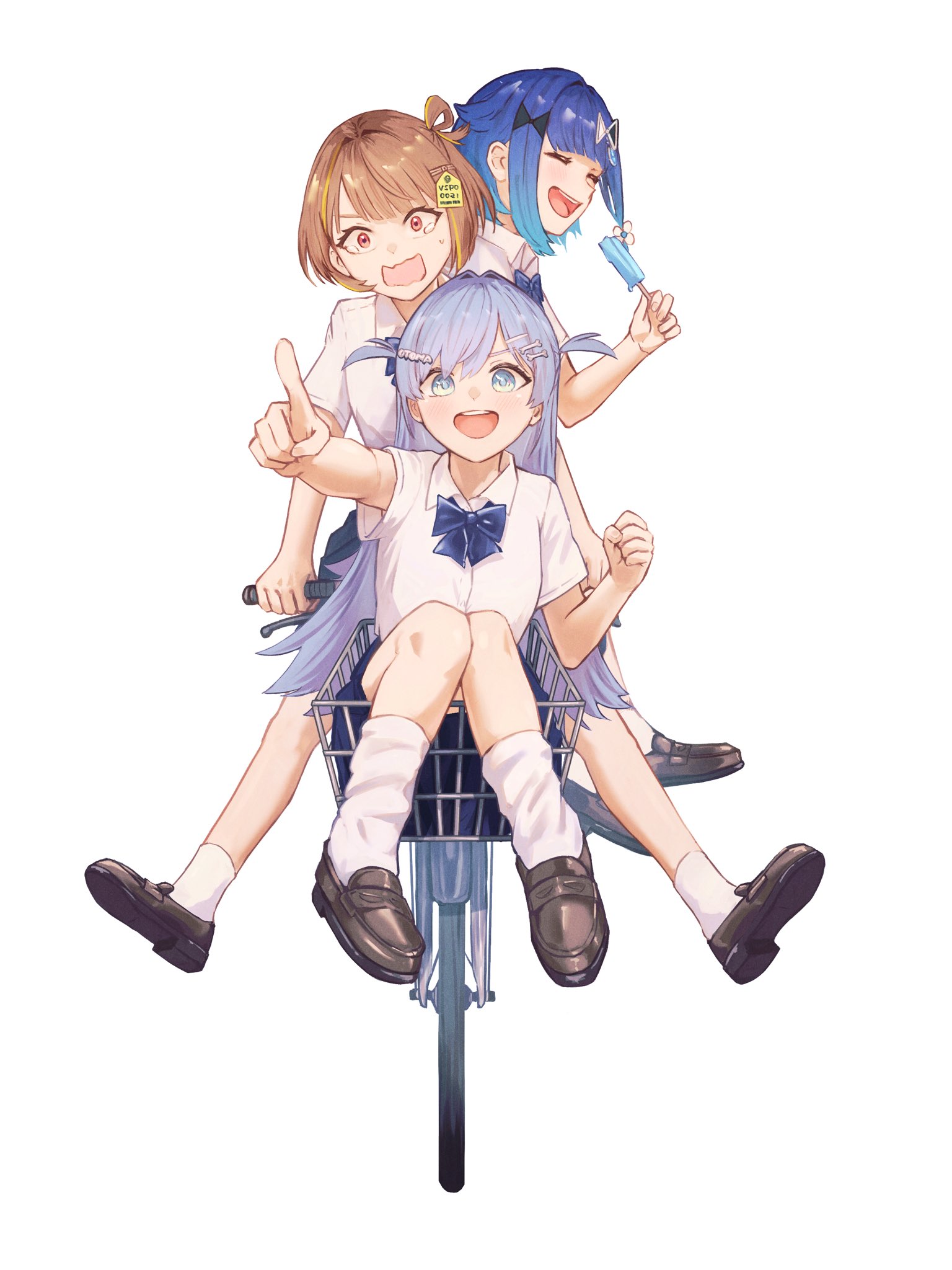 tsubu (kappunioyu562), sendo yuuhi, tsumugi kokage, yano kuromu, vspo!, highres, 3girls, alternate costume, bicycle, bicycle basket, blue bow, blue bowtie, blue hair, blue skirt, bone hair ornament, bow, bowtie, brown eyes, brown hair, brown shoes, closed eyes, collared shirt, food, gradient hair, grey hair, hair flaps, hair intakes, hair ornament, hair rings, holding, holding food, holding popsicle, loafers, loose socks, medium hair, multicolored hair, multiple girls, open mouth, parted bangs, pointing, popsicle, riding, riding bicycle, school uniform, shirt, shoes, short sleeves, simple background, single hair ring, skirt, socks, streaked hair, tearing up, teeth, two side up, upper teeth only, virtual youtuber, water drop hair ornament, white background, white eyes, white shirt, white socks