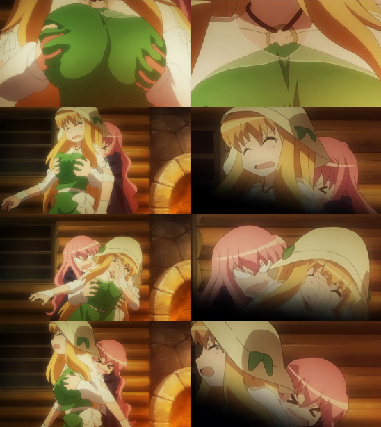 louise francoise le blanc de la valliere, tiffania westwood, zero no tsukaima, dvd, screencap, > <, blonde hair, breasts, closed eyes, grabbing another's breast, hat, long hair, pink hair, tears