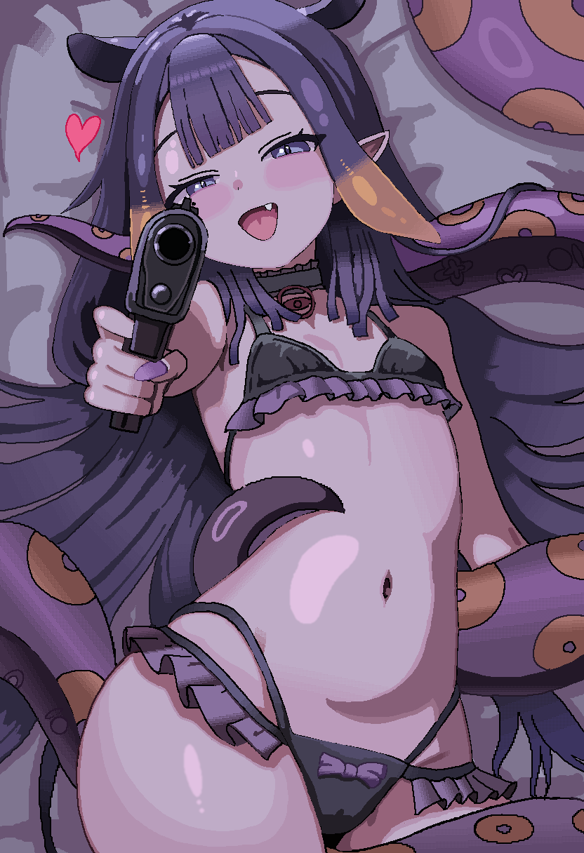 cl oor, ninomae ina'nis, hololive, hololive english, highres, 1girl, :d, alternate costume, bed sheet, black choker, bow, choker, fang, flat chest, grin, gun, handgun, heart, looking at viewer, lying, monster girl, multicolored hair, nail polish, navel, on back, open mouth, orange hair, pixelated, pointy ears, purple eyes, purple hair, purple nails, smile, solo, tentacles, underwear, virtual youtuber, weapon, wide hips