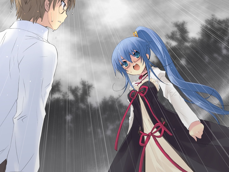 ito noizi, tsuwabuki masaharu, yuuki nona, nanatsuiro drops, game cg, 00s, 1boy, 1girl, angry, blue eyes, blue hair, brown eyes, brown hair, dress, glasses, long hair, nature, ponytail, rain, sky, very long hair
