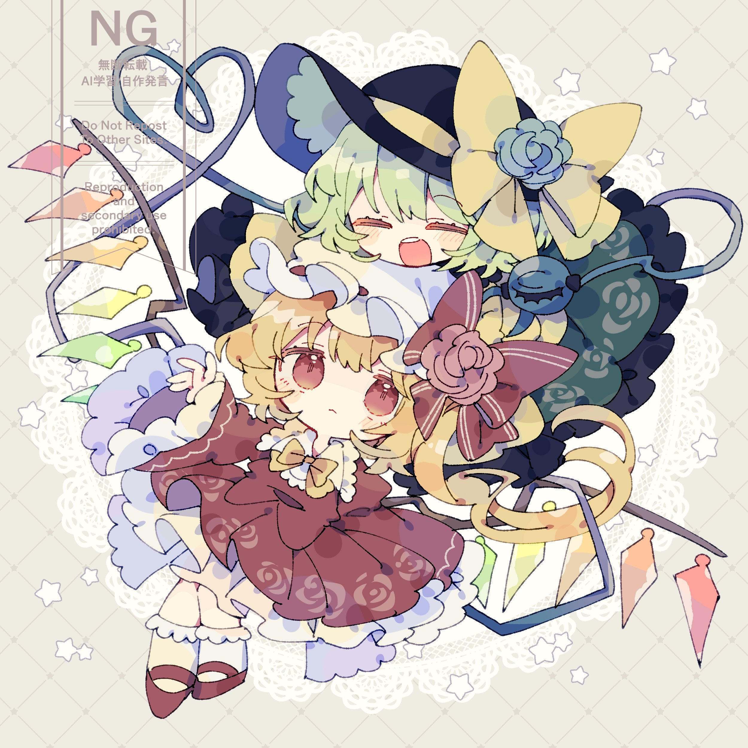 nikorashi-ka, flandre scarlet, komeiji koishi, touhou, absurdres, commentary request, highres, 2girls, :o, black hat, blonde hair, bow, bowtie, brown background, closed mouth, doily, floral print, flower, frilled shirt collar, frilled sleeves, frills, full body, green flower, green hair, green rose, hat, hat bow, hat flower, hat ribbon, heart, heart of string, long hair, long sleeves, mob cap, multiple girls, on person, red bow, red eyes, red flower, red rose, red shirt, red shoes, ribbon, rose, rose print, shirt, shoes, socks, star (symbol), third eye, watermark, white hat, white socks, wide sleeves, wings, yellow bow, yellow bowtie, yellow ribbon, yellow shirt