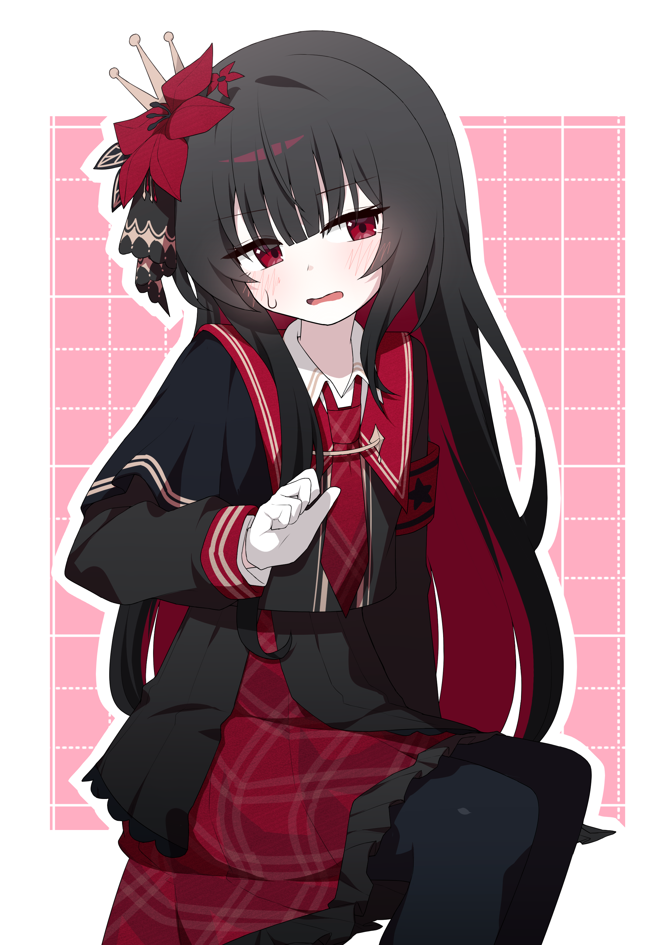 hagoonha, nikaidou hiro, mahou shoujo no majo saiban, absurdres, highres, 1girl, armband, black hair, black pantyhose, colored inner hair, crown, embarrassed, flower, gloves, hair flower, hair ornament, invisible chair, long hair, magical girl, multicolored hair, necktie, pantyhose, plaid clothes, plaid skirt, red armband, red eyes, red flower, red necktie, red skirt, simple background, sitting, skirt, solo, sweatdrop, two-tone background, very long hair, white gloves