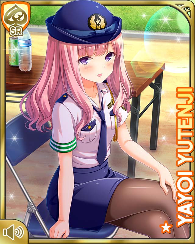 qp:flapper, yutenji yayoi, girlfriend (kari), official art, tagme, 1girl, blue hat, blue necktie, blue skirt, breasts, card (medium), character name, day, hair ornament, hat, looking at viewer, medium breasts, medium hair, necktie, open mouth, outdoors, pantyhose, pencil skirt, pink hair, police, police hat, police uniform, policewoman, purple eyes, shirt, sitting, skirt, smile, solo, table, teacher, white shirt