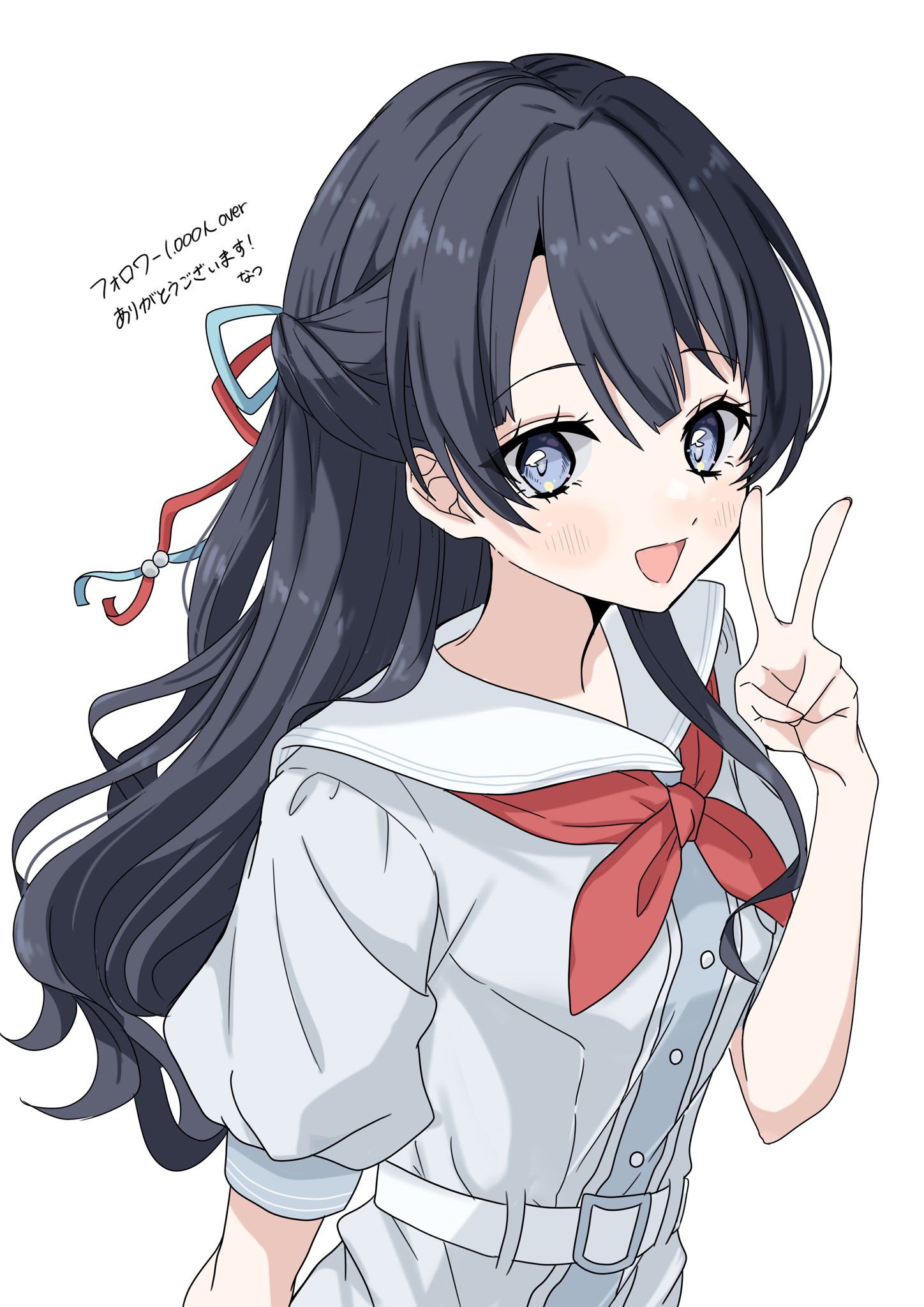 natsu (natsukikenken), murano sayaka, link! like! love live!, love live!, commentary request, highres, 1girl, :d, black hair, blue eyes, blue ribbon, blush, dress, grey dress, hair ribbon, half updo, hasu no sora school uniform, looking at viewer, milestone celebration, neckerchief, open mouth, puffy short sleeves, puffy sleeves, red neckerchief, red ribbon, ribbon, sailor collar, sailor dress, school uniform, short sleeves, smile, solo, summer uniform, upper body, v, virtual youtuber, white sailor collar