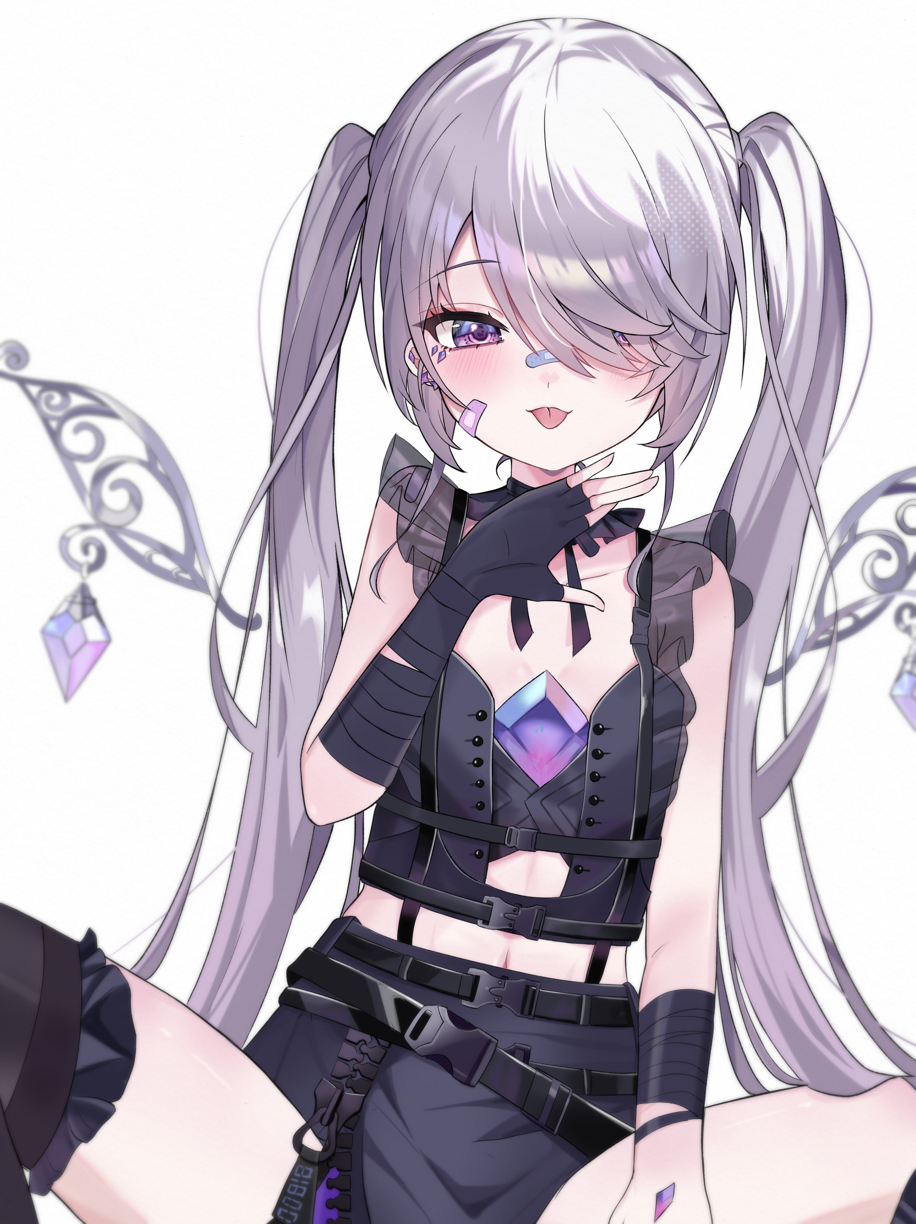 castellayaki, koseki bijou, koseki bijou (casual), hololive, hololive english, absurdres, highres, 1girl, bandaid, chest jewel, gem, grey hair, jewel under eye, long hair, looking at viewer, multicolored hair, open mouth, pink hair, purple eyes, purple hair, smile, solo, tongue, tongue out, virtual youtuber
