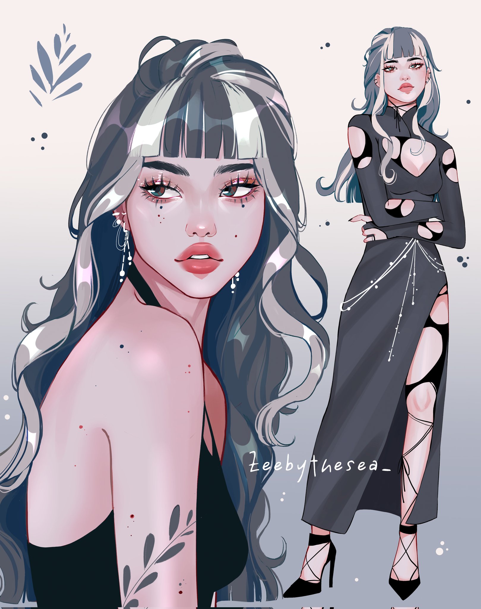 zeebythesea, original, highres, 1girl, aegyo sal, arm cutout, artist name, black dress, black shirt, black shoes, brown eyes, choppy bangs, cleavage cutout, closed mouth, clothing cutout, cord choker, crossed arms, d'orsay heels, dress, earrings, eye glitter, eyelashes, eyeshadow, fashion, fingernails, from side, full body, glitter makeup, gradient background, green eyes, grey background, grey dress, grey hair, hair over breasts, halterneck, jewelry, long dress, long fingernails, long hair, long sidelocks, looking at viewer, looking to the side, makeup, mandarin collar, mole, mole on arm, mole on back, mole on cheek, mole under each eye, mole under eye, multicolored eyes, multicolored hair, multiple moles, multiple views, parted lips, ring, shirt, shirt under dress, shoes, side slit, sidelocks, silver (zeebythesea), sleeveless, sleeveless dress, standing, strappy heels, streaked hair, thick eyebrows, thick lips, tight clothes, tight dress, torn clothes, torn shirt, two-tone background, two-tone eyes, upper body, wavy hair, white background, white streaks