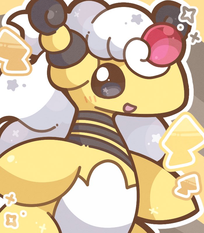 shitou (fuwatoga), ampharos, mega ampharos, nintendo, pokemon, animal focus, black eyes, fluffy, forehead jewel, gen 2 pokemon, lightning bolt symbol, long hair, mega pokemon, no humans, open mouth, pokemon (creature), pokemon focus, smile, solo, white hair, yellow fur