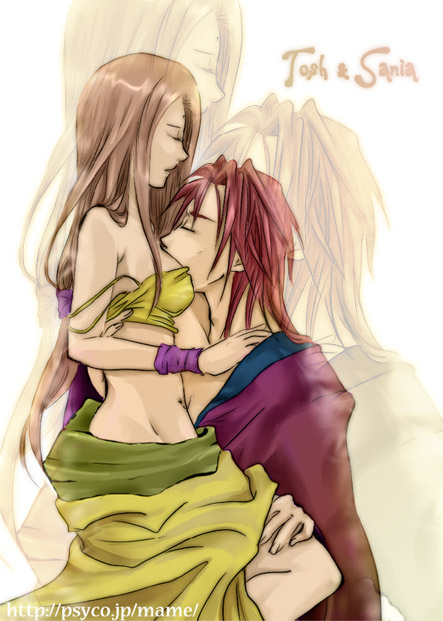mame (artist), sania, sania (arc the lad), tosh, tosh (arc the lad), arc the lad, arc the lad ii, 1boy, 1girl, breast smother, breasts, brown hair, closed eyes, couple, hetero, hug, long hair, midriff, pink hair, robe, short hair, strap slip, zoom layer