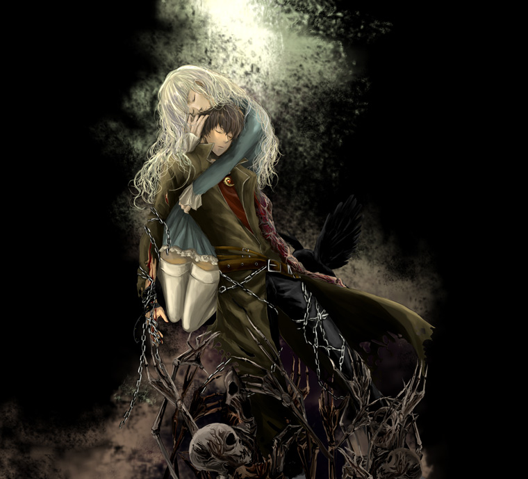 timetail, toki-o, alice elliot, yuri hyuga, shadow hearts, tied up, 1boy, 1girl, animal, belt, bird, bleeding, blood, blue dress, bound, brown hair, chain, closed eyes, closed mouth, clothes grab, crow, dark background, dress, frills, hand on another's head, hug, injury, leaning on person, leg grab, long coat, long hair, long sleeves, pants, skeleton, thighhighs, torn clothes, veins, white background, white hair, white thighhighs