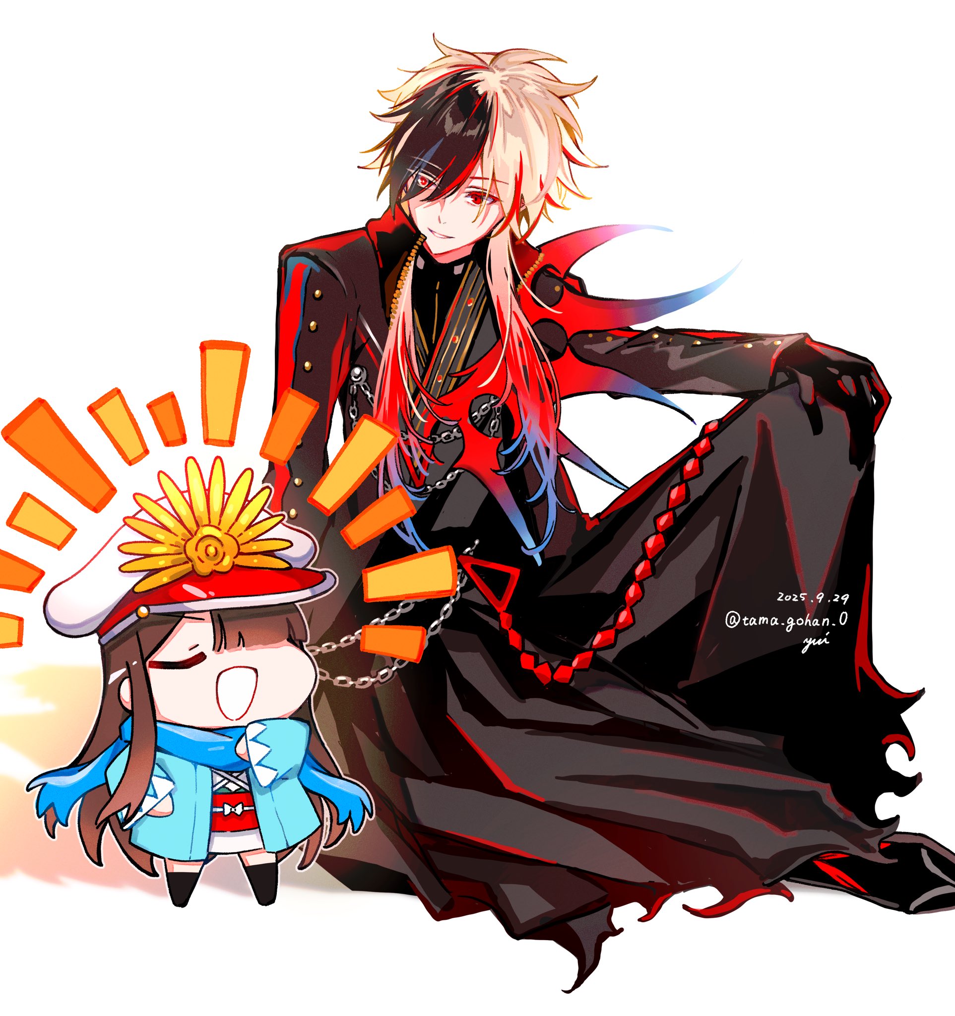 yui (tamagohan), mini nobu (fate), oda nobunaga (fate), fate/grand order, fate (series), commentary, highres, 1boy, 1girl, black hair, blue scarf, brown hair, hakama, hakama skirt, haori, hat, japanese clothes, kondou isami (fate), long hair, multicolored hair, open mouth, scarf, simple background, sitting, skirt, smile, streaked hair, sword, twitter username, weapon, white hair, white hat