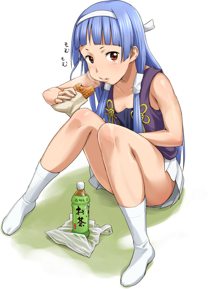 nigou, nagi, kannagi, 00s, 1girl, blue hair, blunt bangs, blush, brown eyes, eating, female focus, food, hair tubes, hairband, legs, long hair, pleated skirt, skirt, socks, solo, taiyaki, tea, wagashi, white skirt