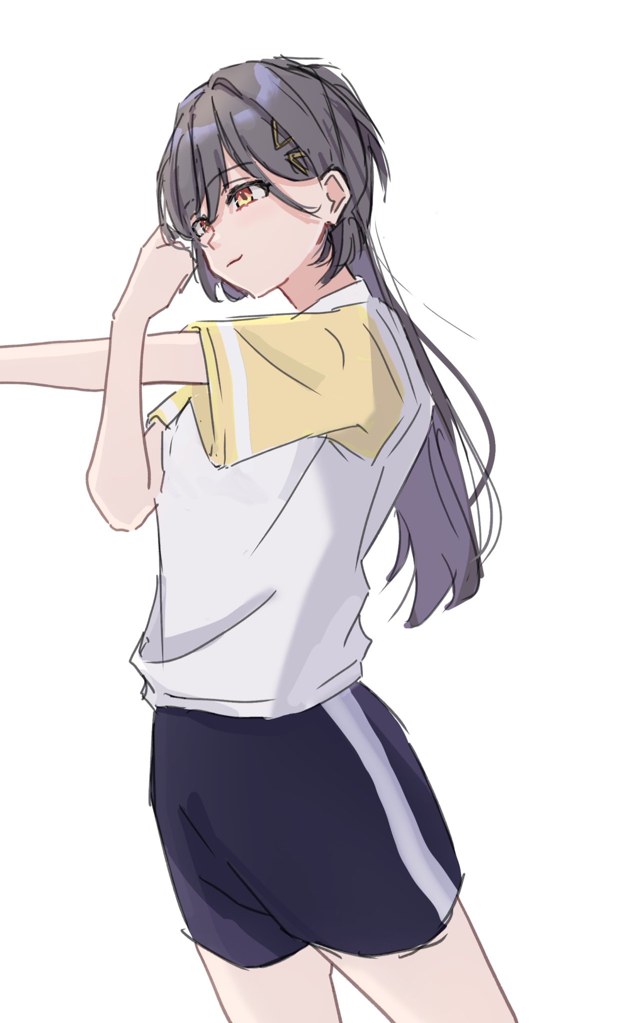 potu sabu, katsuragi izumi, link! like! love live!, love live!, commentary, highres, 1girl, black shorts, cowboy shot, gym shirt, gym shorts, gym uniform, hair ornament, hasu no sora gym uniform, jellyfish cut, long hair, orange eyes, shirt, short sleeves, shorts, simple background, smile, solo, stretching, triangle hair ornament, virtual youtuber, white background, white shirt, yellow sleeves