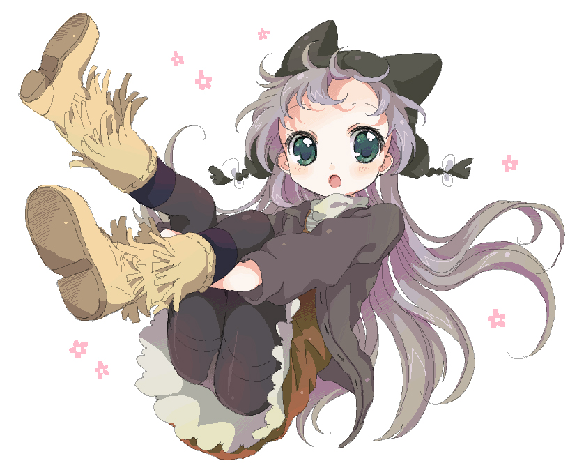 namori, original, silver hair, 1girl, blush, boots, female focus, green eyes, hat, oekaki, panties, panties under pantyhose, pantyhose, pantyshot, solo, thighband pantyhose, underwear