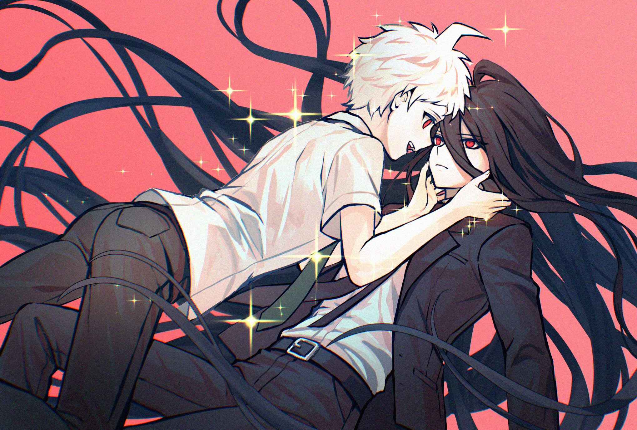 cyacyacyacyaki, hinata hajime, hinata hajime (awakened), kamukura izuru, danganronpa (series), danganronpa 2: goodbye despair, highres, 2boys, ahoge, black hair, black jacket, black pants, black suit, eye contact, formal clothes, jacket, long hair, looking at another, multiple boys, open clothes, open jacket, pants, red background, red eyes, shirt, shirt tucked in, short hair, sparkle, suit, white shirt