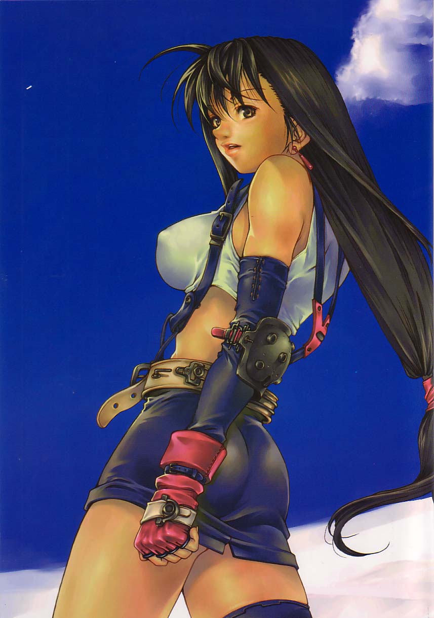 tifa lockhart, final fantasy, final fantasy vii, highres, 1990s (style), 1girl, ass, black hair, breasts, brown eyes, day, earrings, female focus, gloves, jewelry, large breasts, long hair, miniskirt, pencil skirt, retro artstyle, skirt, sky, solo, suspenders, tenrai katamatsu