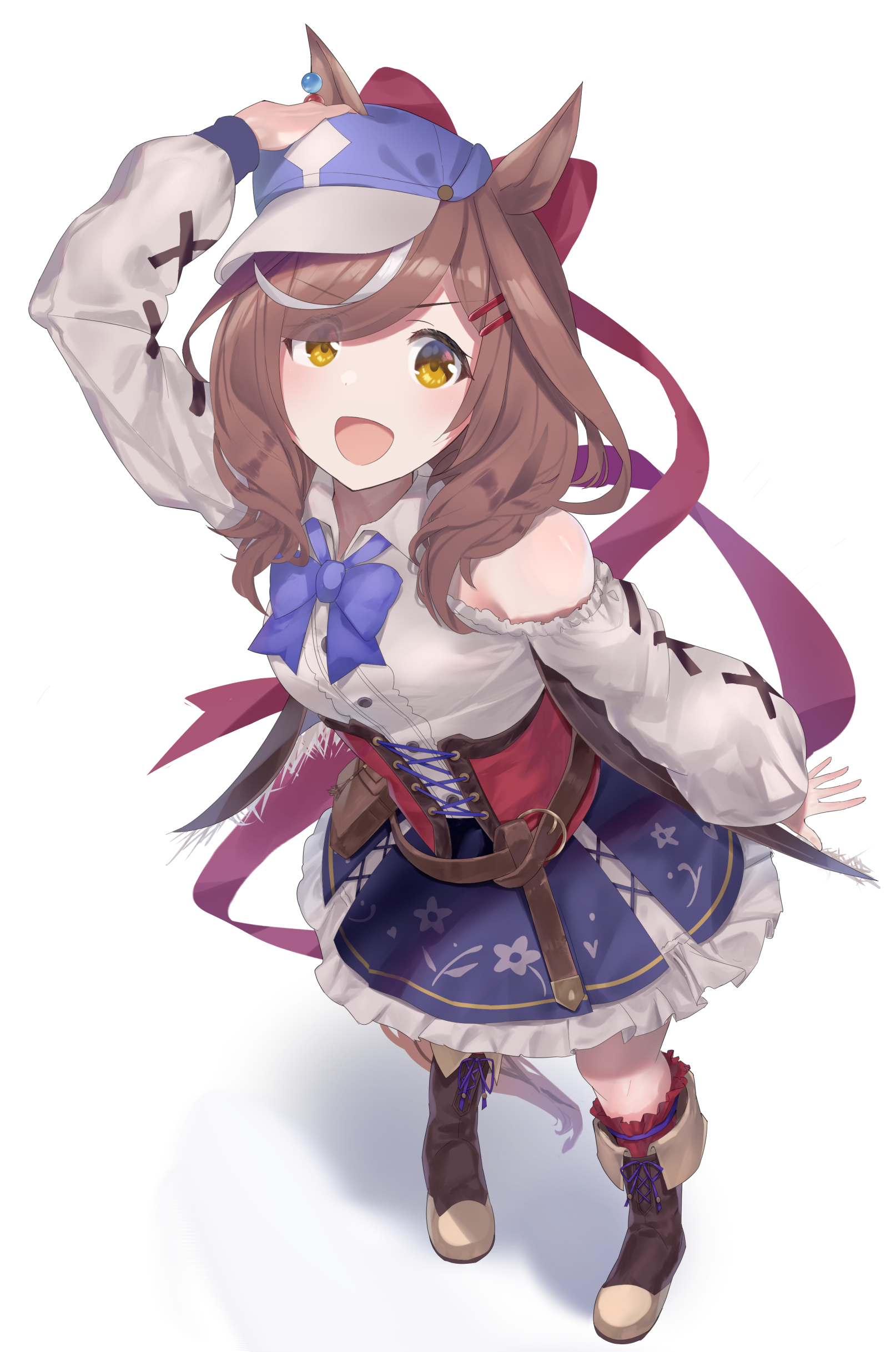 nanashita shiki, matikanetannhauser (panpaka tiltott) (umamusume), matikanetannhauser (umamusume), umamusume, absurdres, highres, 1girl, :d, animal ears, arm up, blue hat, breasts, brown hair, brown shoes, center frills, clothing cutout, corset, ears through headwear, frills, hair ornament, hairclip, hat, horse ears, horse girl, horse tail, looking at viewer, medium hair, newsboy cap, open mouth, red corset, shoes, shoulder cutout, smile, solo, tail