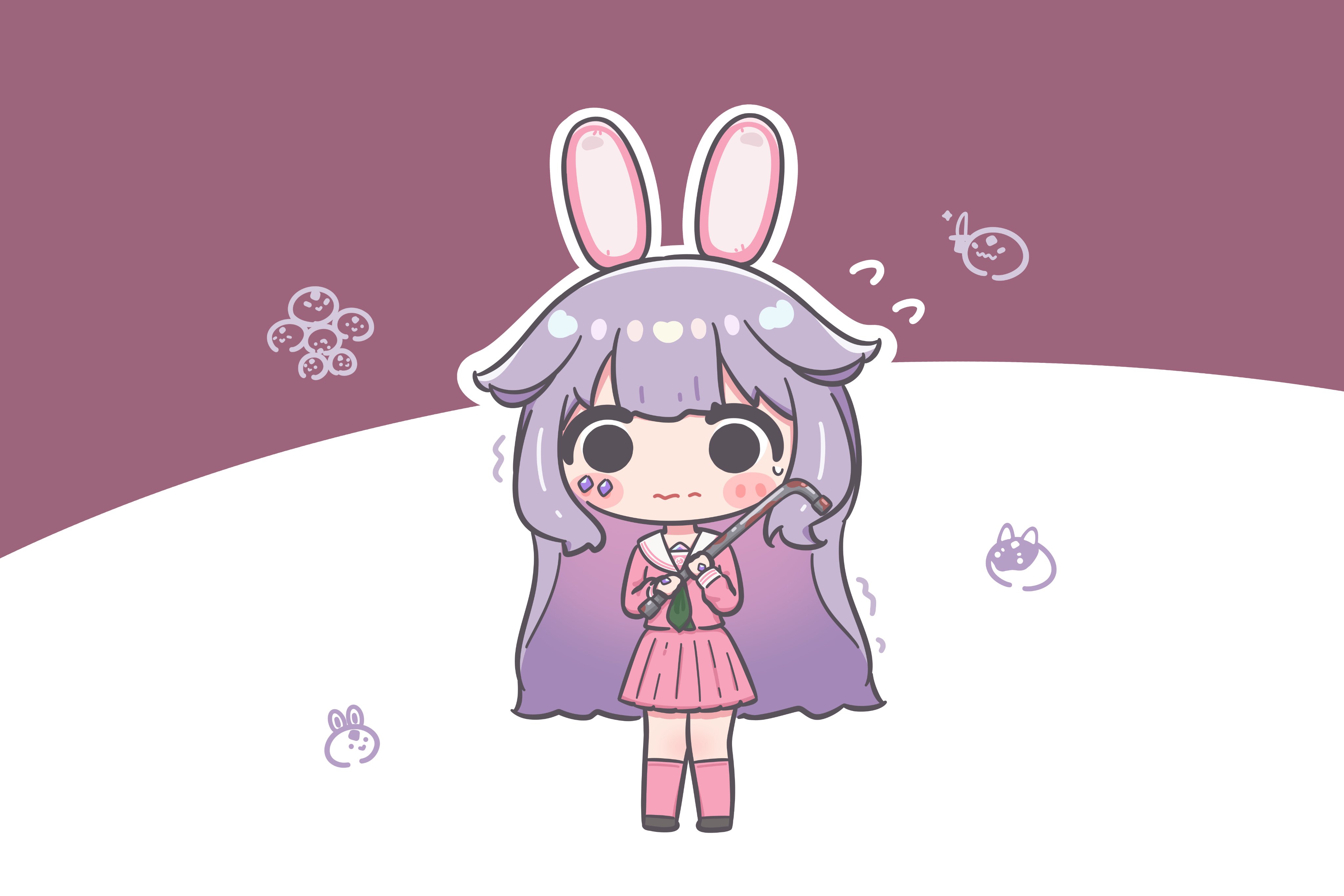 mpien, koseki bijou, hololive, hololive english, absurdres, commentary, highres, 1girl, animal ears, chibi, chibi only, gem, grey hair, jewel under eye, long hair, pole, purple eyes, purple hair, rabbit ears, school uniform, virtual youtuber