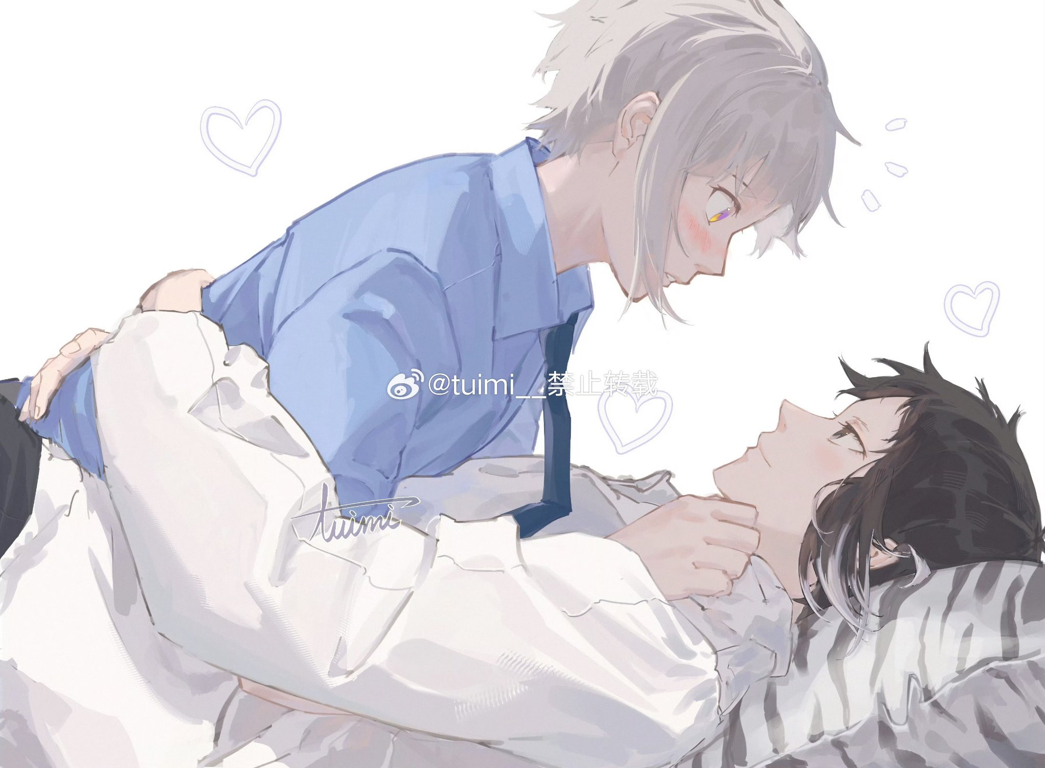 akutagawa ryuunosuke (bungou stray dogs), nakajima atsushi (bungou stray dogs), bungou stray dogs, highres, 2boys, animal print, black eyes, black pants, blue shirt, blush, cuddling, hug, looking at another, multicolored eyes, multicolored hair, multiple boys, necktie, pants, pillow, shirt, tuimi, two-tone hair, white background, white hair, white shirt, yaoi