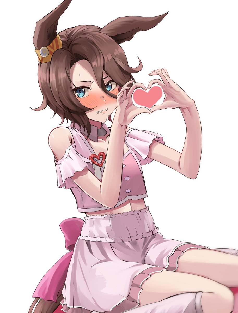 nida keita, narita taishin (umamusume), umamusume, highres, 1girl, animal ears, blue eyes, blush, breasts, brown hair, clothing cutout, collarbone, cropped shirt, detached collar, ear ornament, embarrassed, hair between eyes, heart, heart hands, horse ears, horse girl, horse tail, layered skirt, looking at viewer, meni shuki rush-sshu!, midriff, navel, open mouth, pink shirt, pink skirt, pink socks, shirt, short hair, shoulder cutout, simple background, sitting, skirt, socks, solo, tail, teeth, white background, yokozuwari