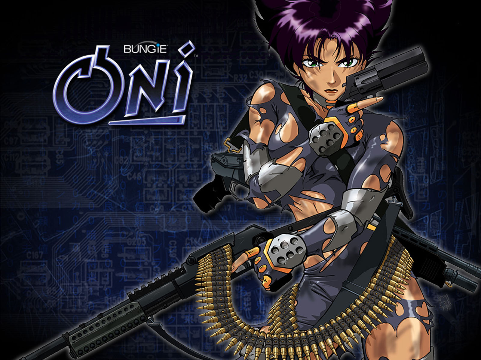 highres, fingerless gloves, gloves, green eyes, gun, oni, purple hair, rifle, torn clothes, weapon