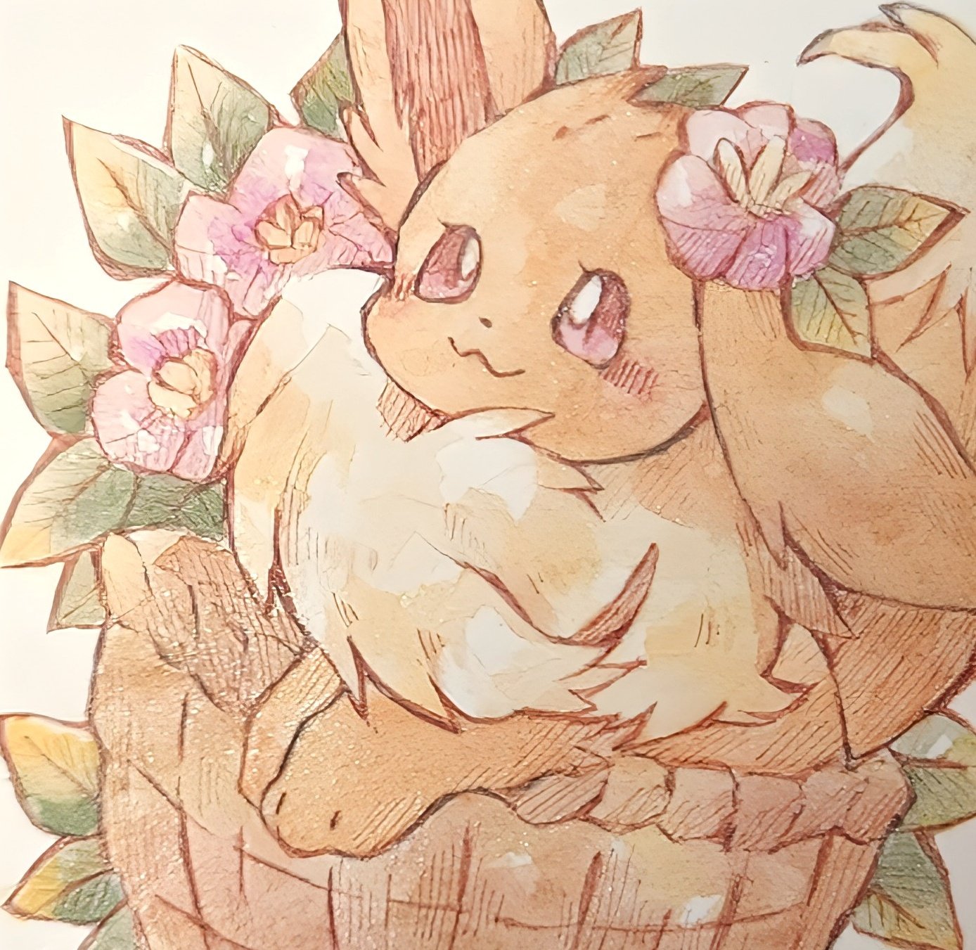rai (rai kw), eevee, nintendo, pokemon, highres, :3, animal focus, basket, brown fur, closed mouth, ear flower, flower, gen 1 pokemon, in basket, in container, looking at viewer, no humans, pokemon (creature), pokemon focus, smile, solo, tail