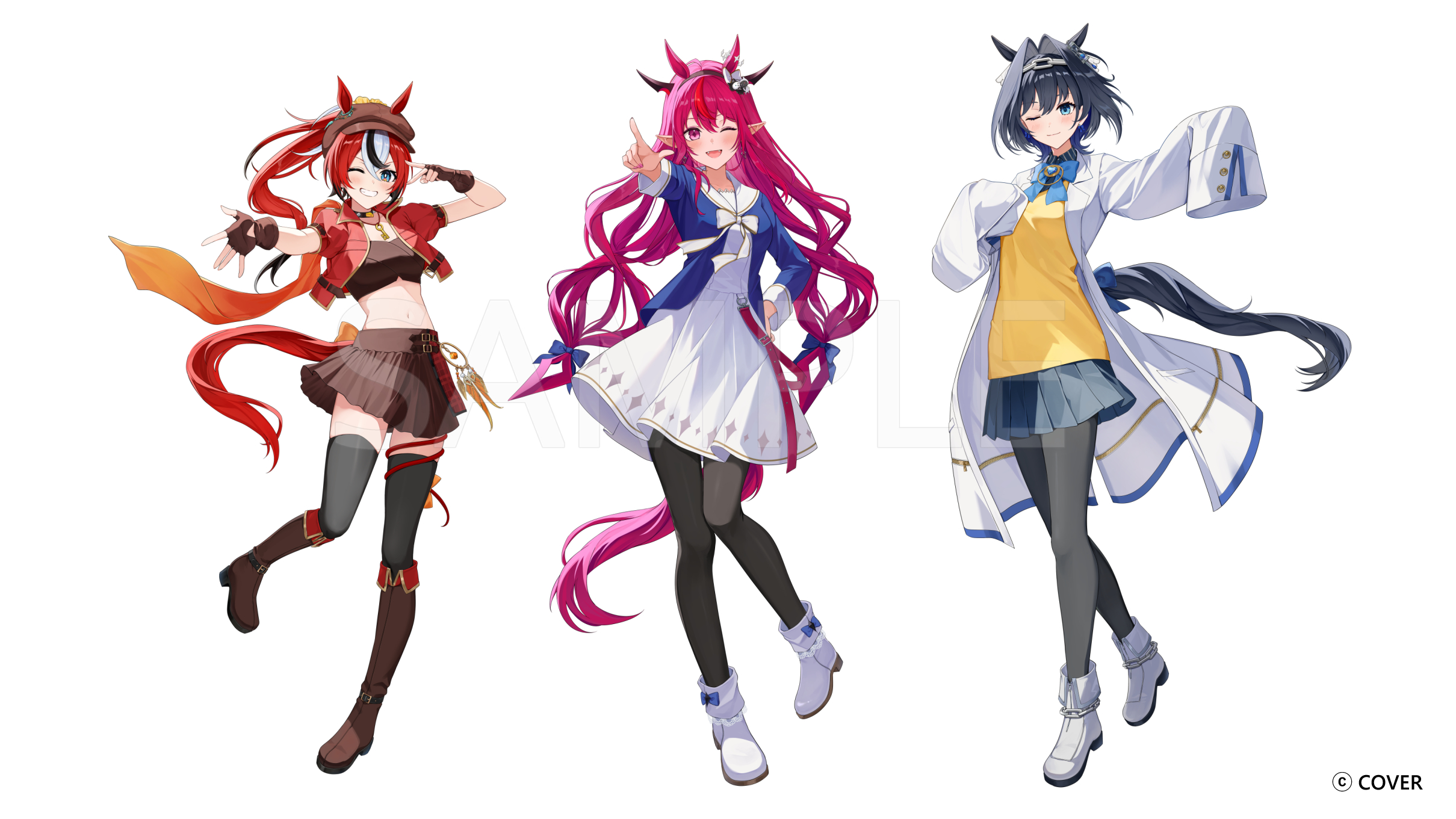 miyanami 3, agnes tachyon (tach-nology) (umamusume), agnes tachyon (umamusume), grass wonder (stone-piercing blue) (umamusume), grass wonder (umamusume), hakos baelz, irys (hololive), ouro kronii, tokai teio (beyond the horizon) (umamusume), tokai teio (umamusume), hololive, hololive english, holopromise, umamusume, commentary request, highres, official art, 3girls, agnes tachyon (umamusume) (cosplay), ahoge, animal ears, aqua eyes, belt, black hairband, black horns, black pantyhose, black streaks, black thighhighs, blue bow, blue bowtie, blue eyes, blue gemstone, blue hair, blue jacket, blue shirt, blue skirt, blue sky, blue tail, blurry, blurry background, boots, bow, bow earrings, bow hairband, bowtie, brooch, brown boots, brown dress, brown gloves, choppy bangs, coat, collar, colored tips, cosplay, cropped jacket, crossed bangs, doll hair ornament, double-parted bangs, dress, ear ornament, earrings, ears through headwear, extra ears, fangs, fingerless gloves, flat cap, floating hair, fold-over boots, full body, gem, gloves, grass, grass wonder (umamusume) (cosplay), hair between eyes, hair intakes, hairband, hand on own hip, hat, head chain, heterochromia, horns, horse ears, horse girl, horse tail, hourglass, jacket, jewelry, key, key necklace, knee boots, l hand, lab coat, lapels, long hair, long sleeves, looking at viewer, multicolored eyes, multicolored hair, multiple girls, necklace, notched lapels, open hand, open mouth, outstretched arms, pantyhose, parted lips, pink belt, pink gemstone, pink hair, pleated skirt, pointy ears, ponytail, purple eyes, red jacket, red streaks, sailor collar, scrunchie, sharp teeth, shirt, short-sleeved jacket, short hair, short sleeves, simple background, skirt, sky, sleeves past fingers, sleeves past wrists, spiked collar, spikes, spread fingers, stadium, star-shaped pupils, star (symbol), sweater, symbol-shaped pupils, tail, tail bow, tail ornament, teeth, thighhighs, tokai teio (umamusume) (cosplay), v, very long hair, virtual youtuber, white background, white boots, white bow, white bowtie, white coat, white dress, white sailor collar, white streaks, wing collar, wolf cut, yellow scrunchie, yellow sweater, yellow trim