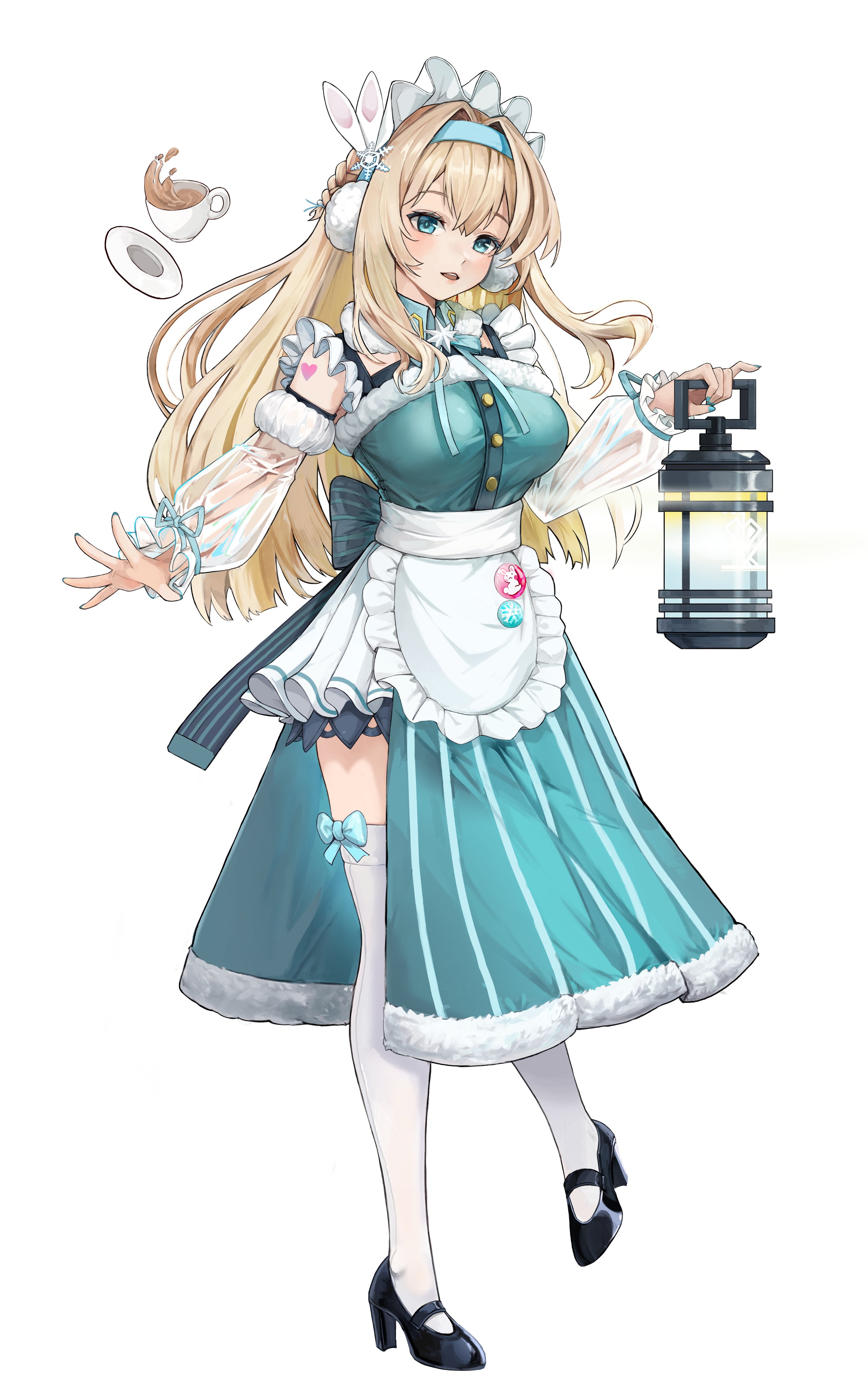 suomi (girls' frontline), suomi (girls' frontline 2), girls' frontline, girls' frontline 2: exilium, absurdres, commentary, commentary request, english commentary, highres, mixed-language commentary, 1girl, alternate costume, apron, bare shoulders, blease, blonde hair, breasts, detached sleeves, holding, holding lantern, lantern, large breasts, long hair, maid, maid apron, maid headdress, simple background, solo, thighhighs, unconventional maid, white background, white thighhighs
