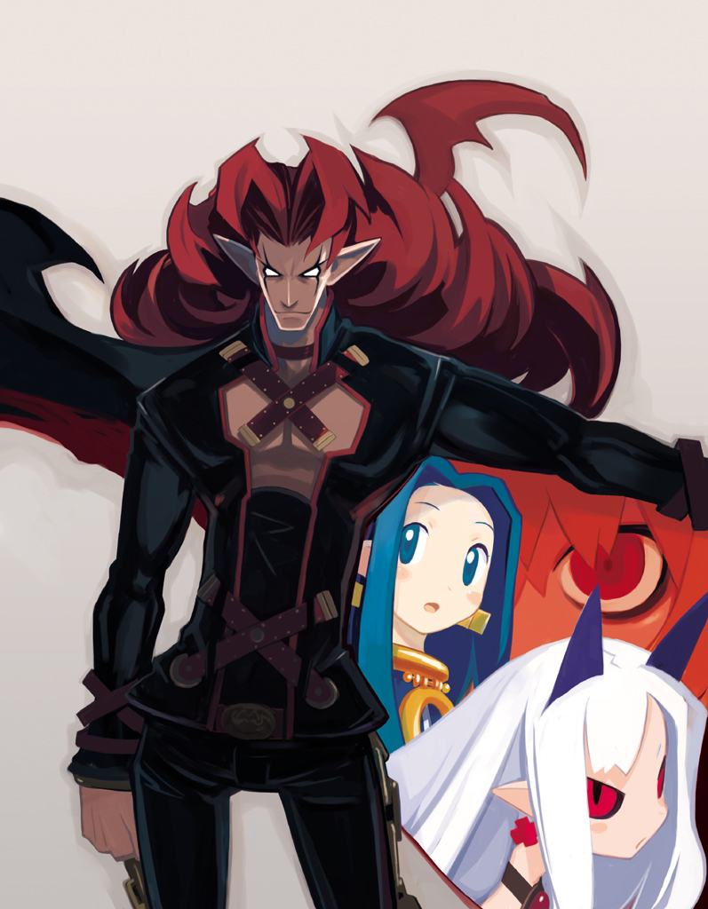 harada takehito, pram (phantom kingdom), salome (phantom kingdom), trenia, trenia (phantom kingdom), zetta (phantom kingdom), disgaea, nippon ichi, phantom kingdom, 1boy, 3girls, blue hair, colored sclera, earrings, expressionless, facial mark, floating hair, horns, jewelry, long hair, looking at viewer, multiple girls, no pupils, outstretched arm, pointy ears, red hair, red sclera, slit pupils, smile, standing, very long hair, white eyes, white hair