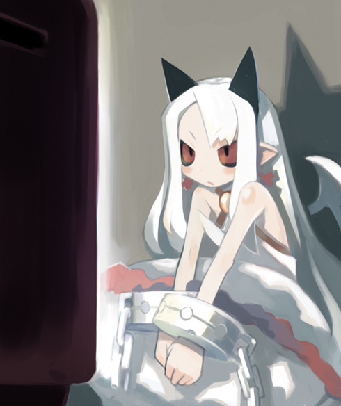 harada takehito, pram (phantom kingdom), disgaea, nippon ichi, phantom kingdom, 1girl, bat wings, black sclera, bubble skirt, colored sclera, cuffs, female focus, red eyes, shackles, skirt, solo, television, white hair, wings