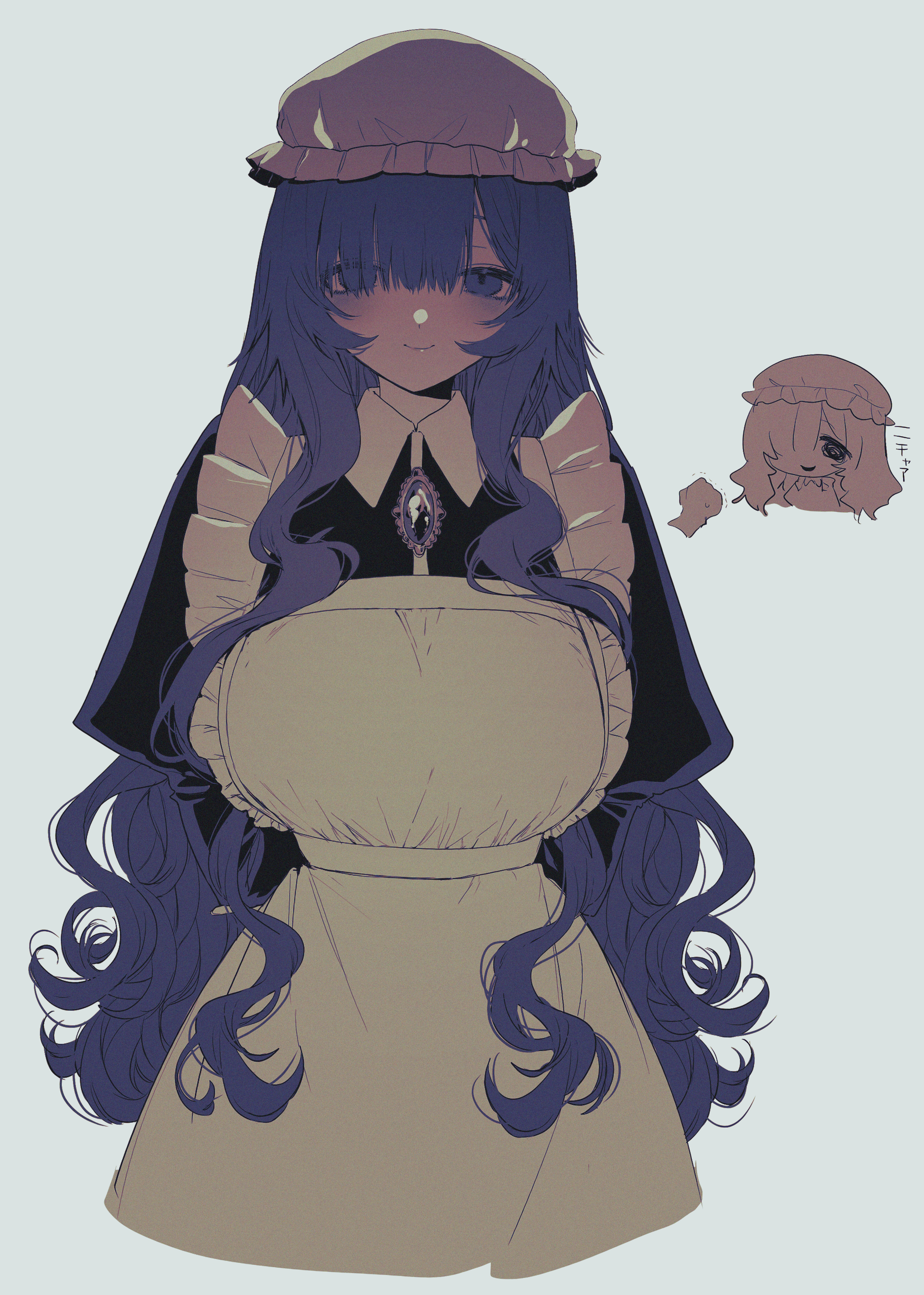 eurasia (wtp09ptw14), francoise (eurasia), original, absurdres, commentary request, highres, 1girl, apron, arms behind back, black dress, blue eyes, blue hair, breasts, brooch, closed mouth, collared dress, cropped legs, dress, frilled apron, frills, grey apron, grey background, grey hat, hair over breasts, hair over one eye, hat, jewelry, large breasts, long bangs, long hair, looking at viewer, maid, maid apron, mob cap, multiple views, parted bangs, simple background, smile, solo focus, straight-on