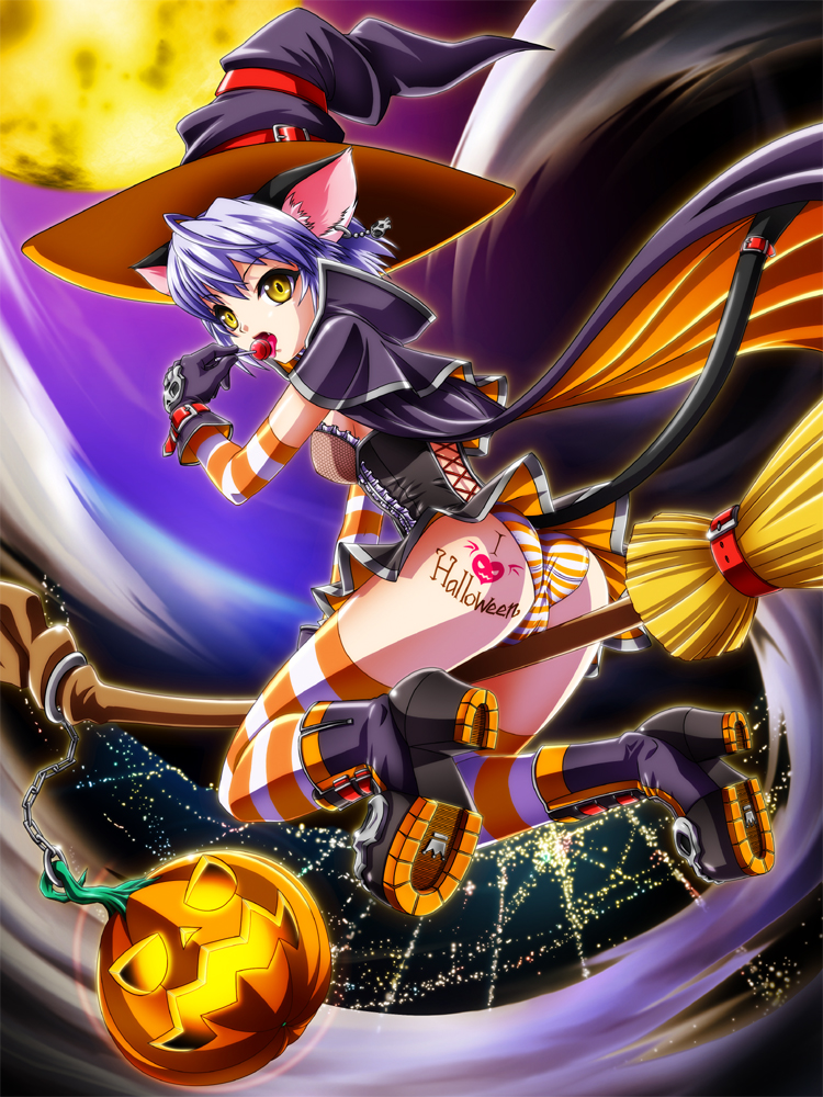 neko coon, original, bad id, bad pixiv id, animal ears, ass, blue hair, broom, broom riding, candy, cat ears, cat tail, earrings, elbow gloves, food, gloves, hat, jack-o'-lantern, jewelry, licking, lollipop, moon, panties, pumpkin, short hair, solo, striped clothes, striped panties, striped thighhighs, tail, tattoo, text tattoo, thighhighs, tongue, underwear, witch hat, yellow eyes
