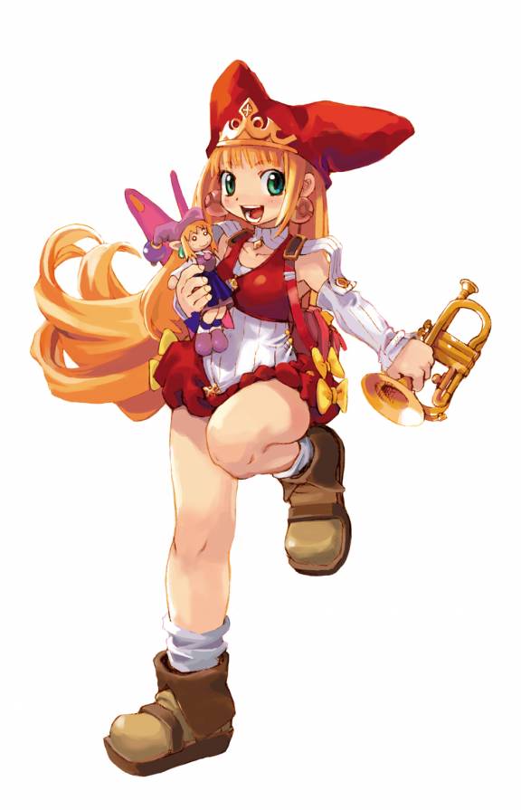 ryoji (nomura ryouji), kururu (marl kingdom), princess kururu, little princess, marl kingdom, nippon ichi, puppet princess (marl kingdom), 1girl, blonde hair, crown, female focus, flipped hair, green eyes, hat, instrument, jewelry, long hair, shoes, solo, standing, standing on one leg, trumpet, white background