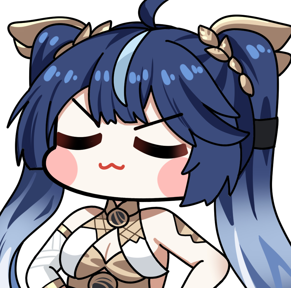 twomoon, iuno (wuthering waves), wuthering waves, commentary, english commentary, :3, ahoge, armlet, bare shoulders, blue hair, breasts, chibi, chibi only, cleavage, closed eyes, closed mouth, gold bra, jewelry, long hair, medium breasts, multicolored hair, simple background, smug, streaked hair, twintails, white background