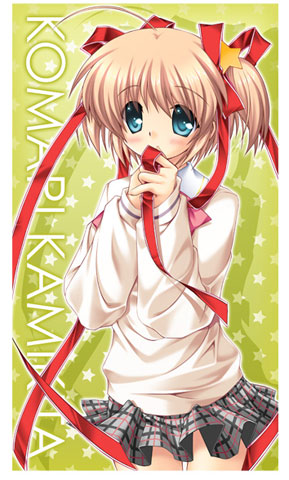 kamikita komari, little busters!, lowres, aqua eyes, blonde hair, ribbon, short hair, solo, star (symbol)